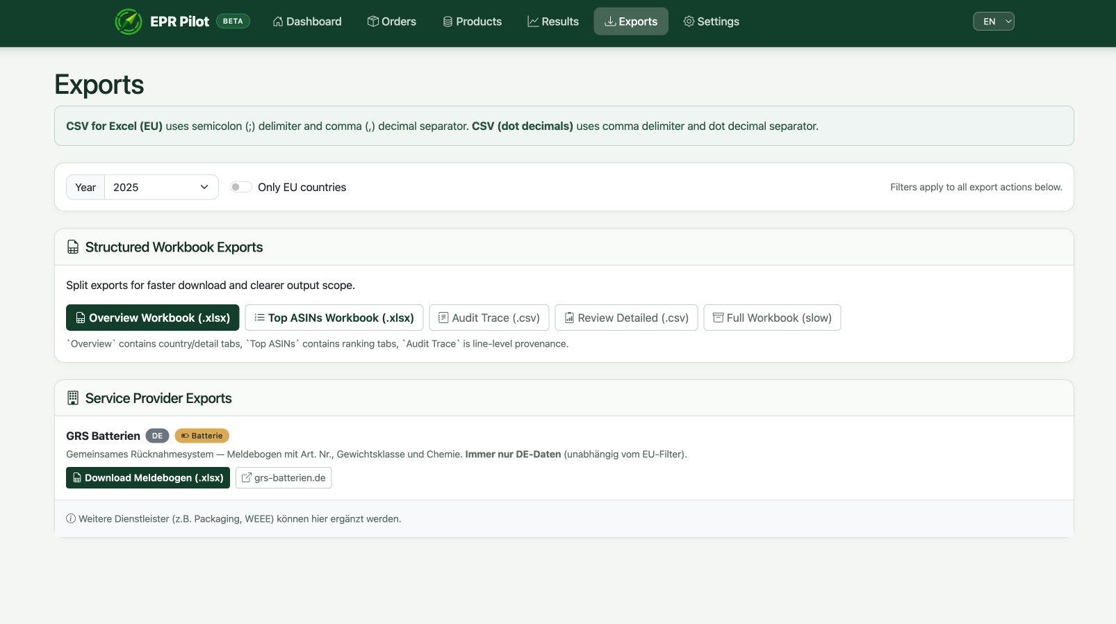 Export options including workbooks, audit traces, and provider-ready files