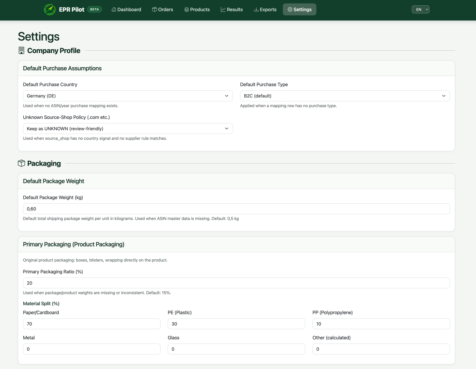 Settings page with packaging ratios, material splits, and company defaults